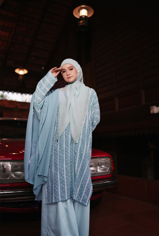 Kurung Melur Embroidery in Dusty Blue